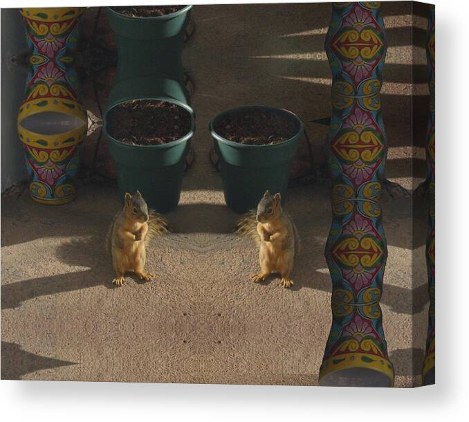 Squirrels Canvas Print featuring the digital art Cute Baby Squirrels on the Porch by Julia L Wright