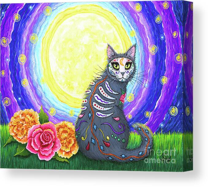 Dia De Los Muertos Gato Canvas Print featuring the painting Day of the Dead Cat Moon - Dia de los Muertos Gato by Carrie Hawks