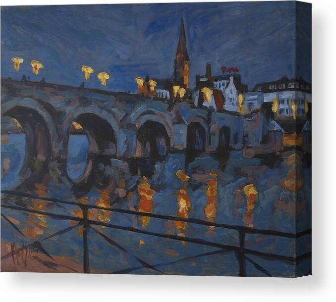 Maastricht Canvas Print featuring the painting December lights old bridge Maastricht acryl by Nop Briex