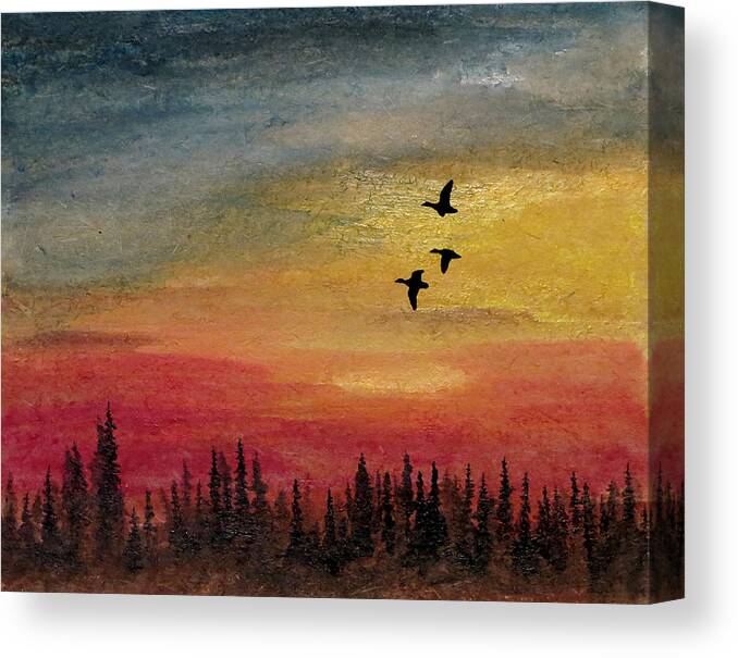 Deep Illuminated Night Waterfowl Stopover Rugged Northern Migratory Migration Wildlife Vast Spaces Outdoors Outdoor Kyllo Hunting Hunt Giant Canada Canadian Honker Goose Geese Artwork Art Forest Cold Pine Fir Spruce Silhouette Painting Flyway Wilderness Wild Sunset Sundown Skyscape Sky Scenic Scene Migrating Luminous Luminism Late Landscape Beautiful Flight Glide Birds Canvas Print featuring the painting Deep Forest by R Kyllo