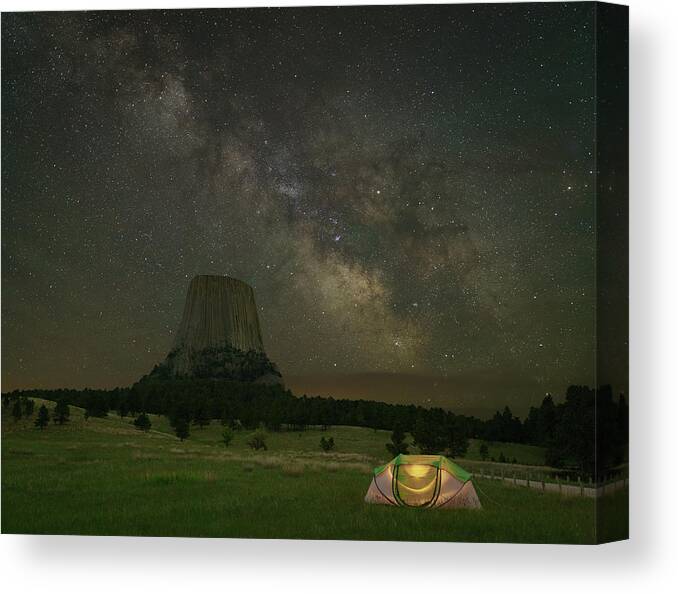 Devil's Tower Canvas Print featuring the photograph Devil's Tower Under the Milky Way by Hal Mitzenmacher