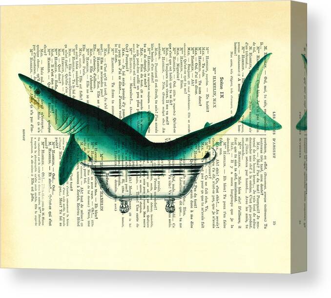 Shark Canvas Print featuring the digital art Shark in bathtub illustration on dictionary paper by Madame Memento