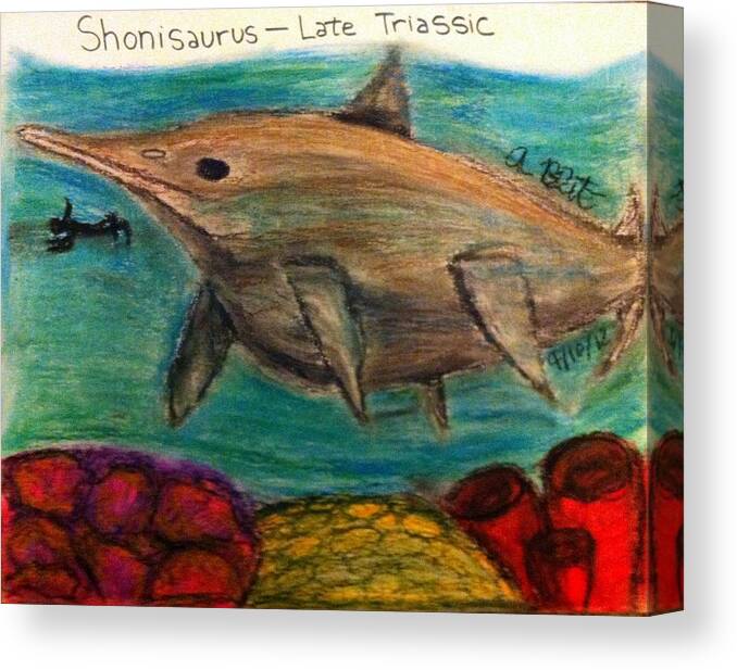 Shonisaurus Canvas Print featuring the pastel Diving with Shonisaurus by Andrew Blitman