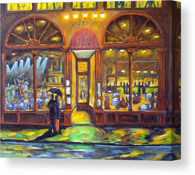 Town Canvas Print featuring the painting Dizzy s Jazz Club by Richard T Pranke