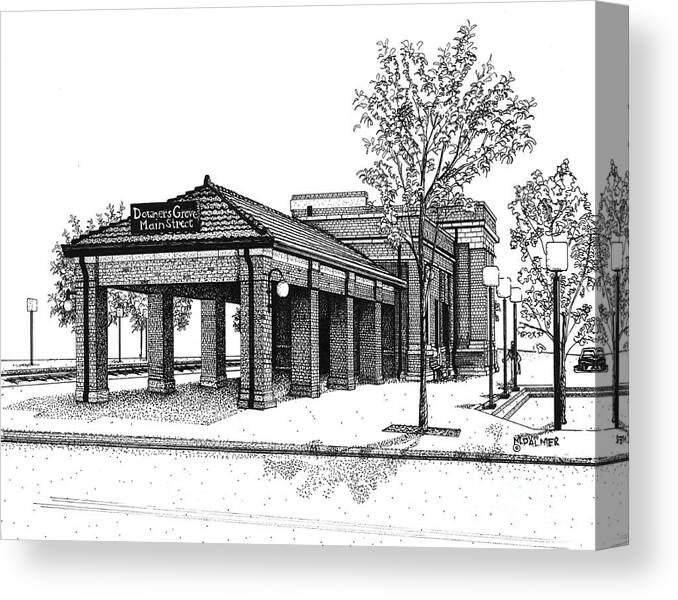 Station Canvas Print featuring the drawing Downers Grove Main Street Train Station by Mary Palmer