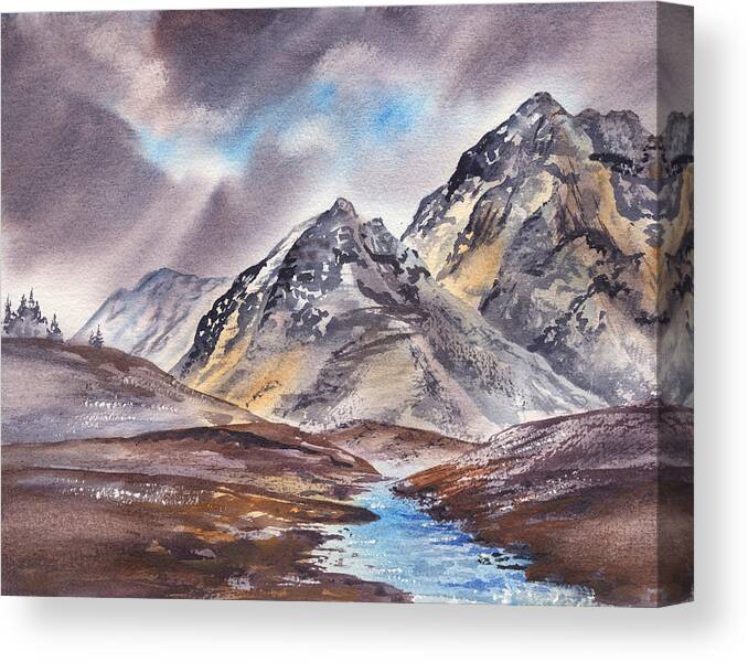 Mountains River Canvas Print featuring the painting Dramatic Landscape With Mountains by Irina Sztukowski
