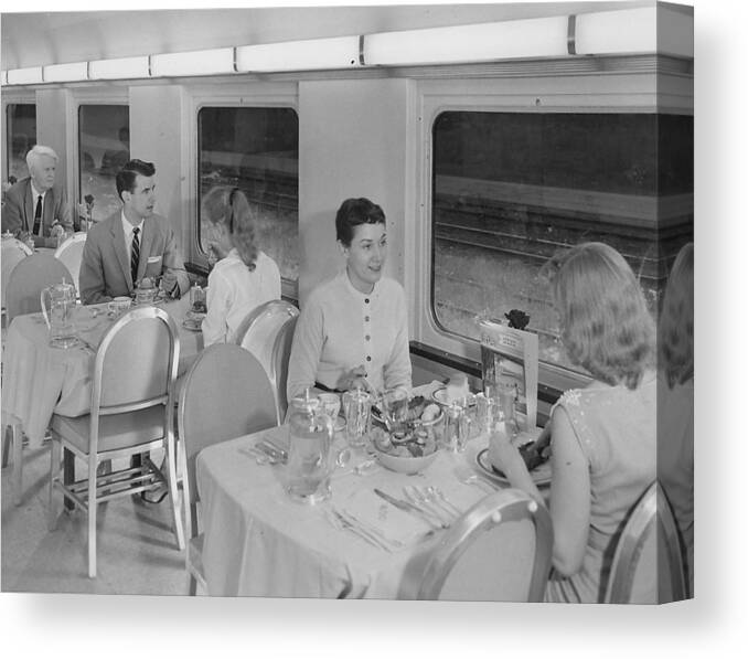 Passenger Cars Canvas Print featuring the photograph Eating in Dining Car Rebuilt for Bilevel Equipment - 1958 by Chicago and North Western Historical Society