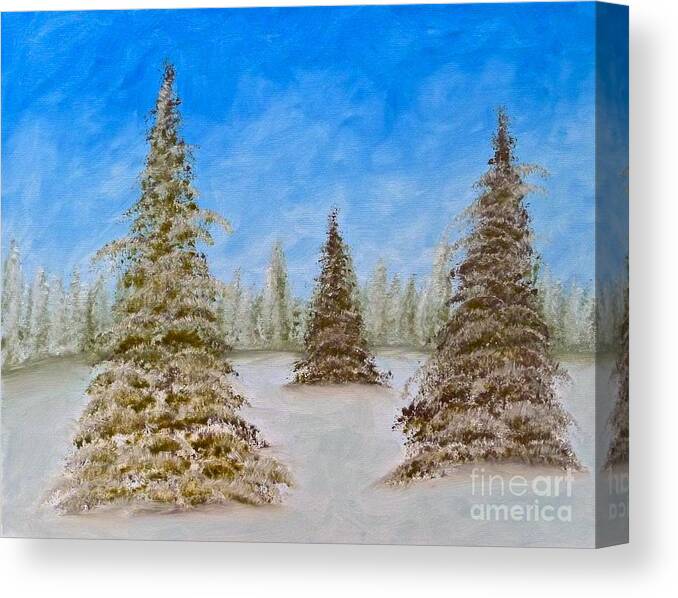  Canvas Print featuring the painting Evergreens in Snowy Field Enhanced Colors by Barrie Stark
