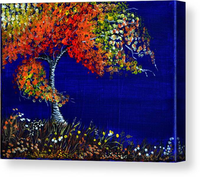 This Is An Acrylic Painting Of A Tree During A Wind Storm. The Strong Wind Is Causing The Tree And Limbs To Bend. The Grass Below And Flowers Are Also Bending Due To The Wind. I Used Many Bright Color's For The Leaves Of The Tree. The Color's I Selected Were Bright And Different Values. I Wanted To Create A Contrast Between The Leaves On The Tree. I Used A Bright Blue Color For A Great Contrast With The Tree And The Wild Flowers. This Is A Very Affordable Gift And Would Fit Any Decor. Canvas Print featuring the painting Fall Color's by Martin Schmidt