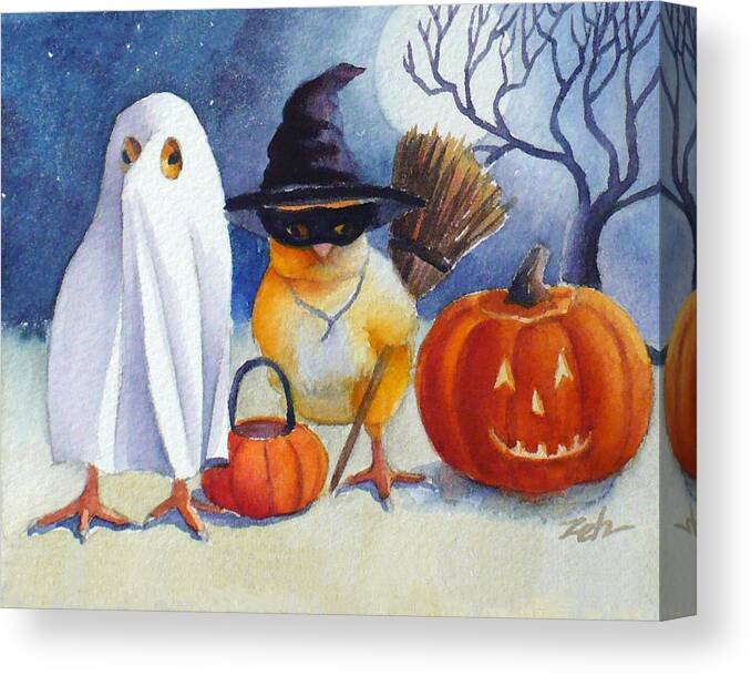 Baby Chicks Art Canvas Print featuring the painting Ferdinand and Nina Trick or Treat by Janet Zeh