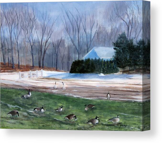 Winter Landscape Painting Of Geese In A Field. Canvas Print featuring the painting Field of Geese by Paula Pagliughi