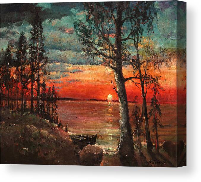 Kremer Canvas Print featuring the painting Fiery sunset. Boat by lakeside by Mark Kremer