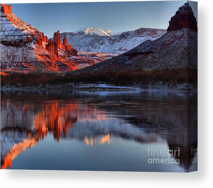 Fisher Towers Canvas Print featuring the photograph Fisher Towers Sunset On The Colorado by Adam Jewell
