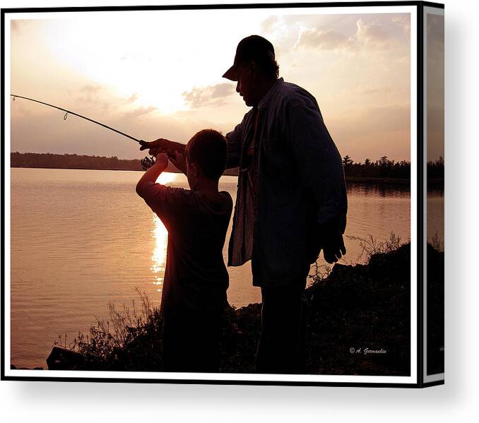 Grandfather Canvas Print featuring the photograph Fishing at Sunset Grandfather and Grandson by A Macarthur Gurmankin