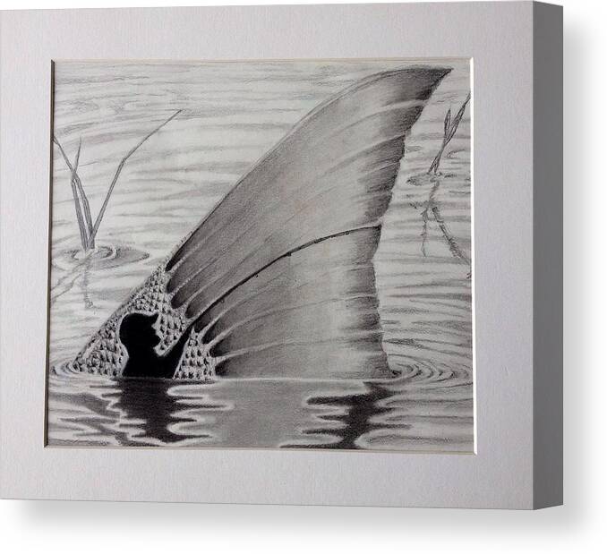 Fishing Tail Fish Spot On Tail Sea Ocean Saltwater Charcoal Graphite Pencil Drawing Black And White Gulf Fishing Pole Shadow Water Canvas Print featuring the drawing Fishing Tail by Tony Holm