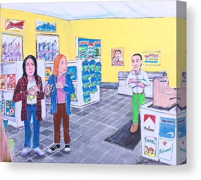 1970's Grocery Shoplifting Candy Halloween Newmarket Susan Cindy M &m's Budweiser Busch Humptydumpty Potato Chips Squamscot Moxie Beverages New Hamshire Mom And Pop Canvas Print featuring the painting Five Finger Discount at Dave's Grocery by Jonathan Morrill