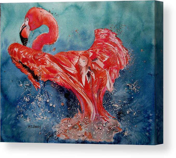 Flamingo Canvas Print featuring the painting Flamingo inFlight by Maria Barry