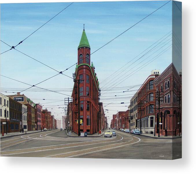 Streetscapes Canvas Print featuring the painting FlatIron Building 1955 by Kenneth M Kirsch