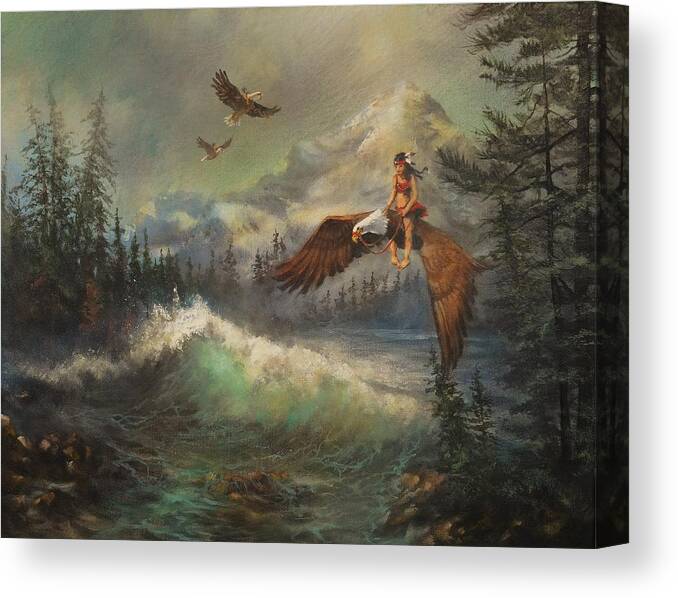 ; People Flying On Eagles Canvas Print featuring the painting Flying On Eagles by Tom Shropshire