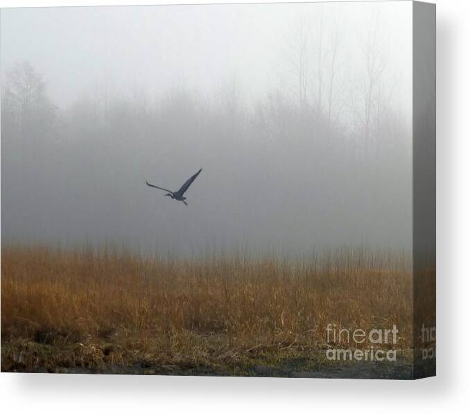 Foggy Morning Canvas Print featuring the photograph Foggy Morning Heron in Flight by Helen Campbell