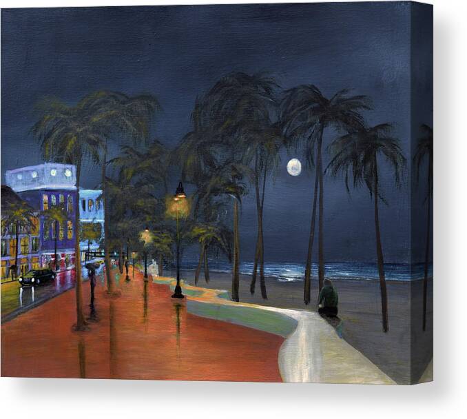 Miami Canvas Print featuring the painting Fort Lauderdale Beach At Night by Ken Figurski