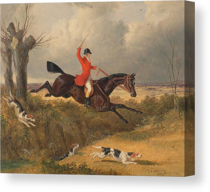 John Frederick Herring Canvas Print featuring the painting Fox hunting Clearing Ditch by Celestial Images