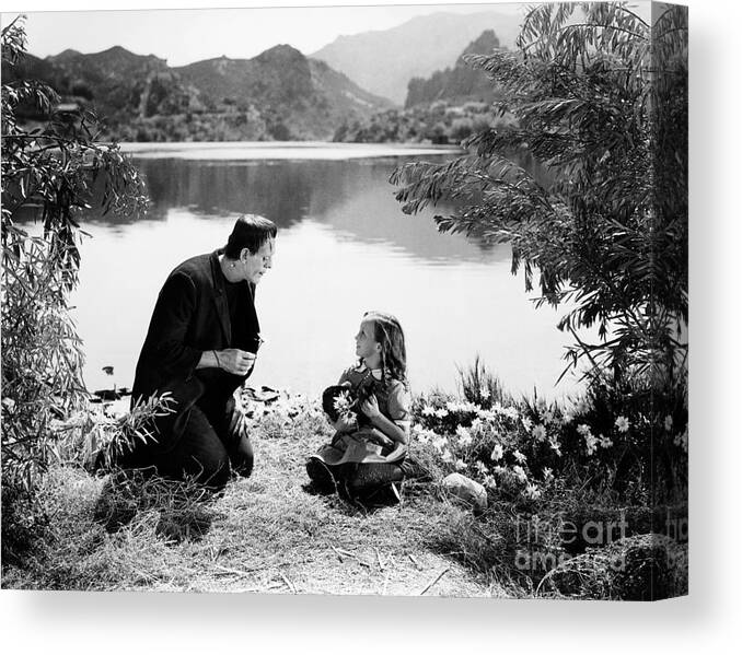 Frankenstein Canvas Print featuring the photograph Frankenstein by the lake with little girl Boris Karloff by Vintage Collectables