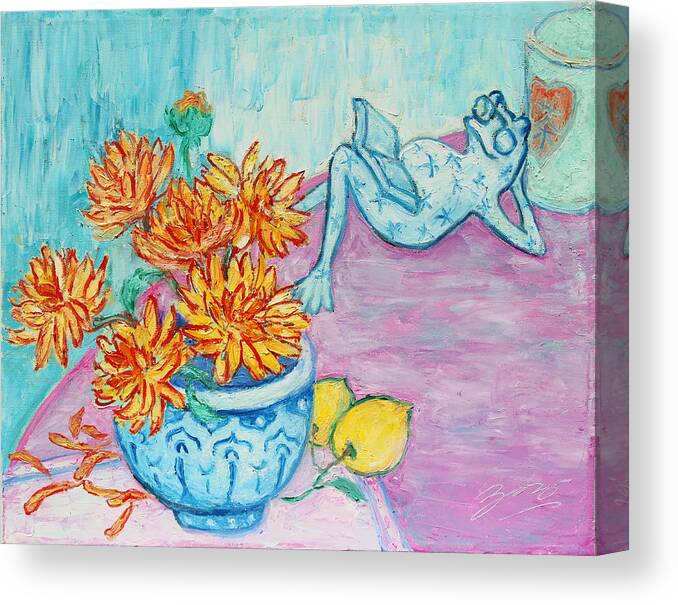 Still Canvas Print featuring the painting Frog Chrysanthemum Tea by Xueling Zou