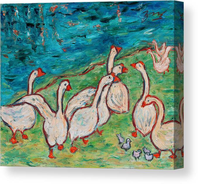 Fowl Canvas Print featuring the painting Geese by the Pond by Xueling Zou