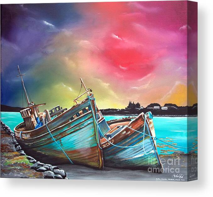 Old Fishing Boats Salen Isle Of Mull Wrecks Landscape Tobermory Islands Scotland Scottish Aaron De La Haye Sky Bright Colorful Seascape Skyscape Mutlicoloured Ships Canvas Print featuring the painting Girl Claire, Pavonia and Elsie May by Aaron De la Haye