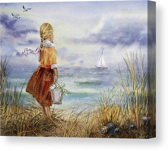 Girl Canvas Print featuring the painting Girl Ocean Shore Birds And Seashell by Irina Sztukowski