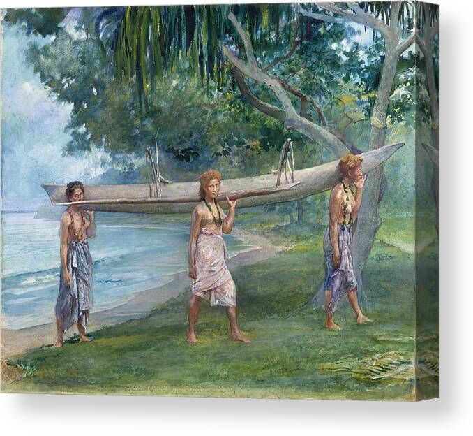 John Lafarge Canvas Print featuring the painting Girls Carrying a Canoe. Vaiala in Samoa by John LaFarge