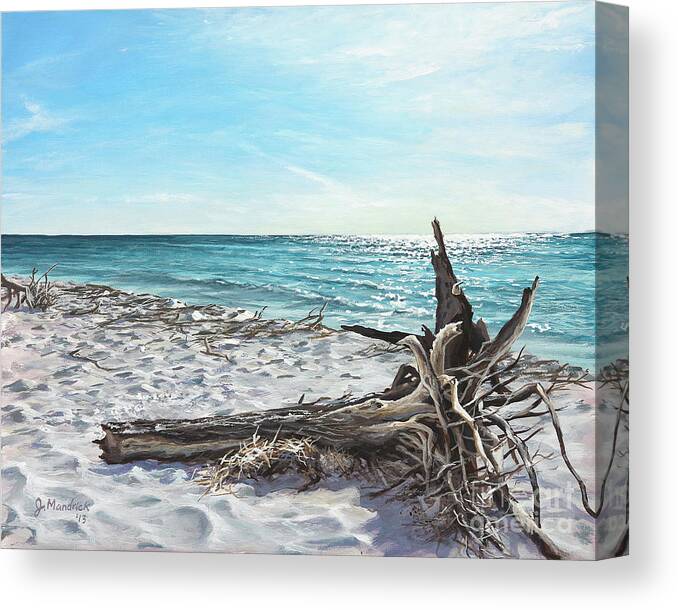 Seascape Canvas Print featuring the painting Gnarled Drift Wood by Joe Mandrick