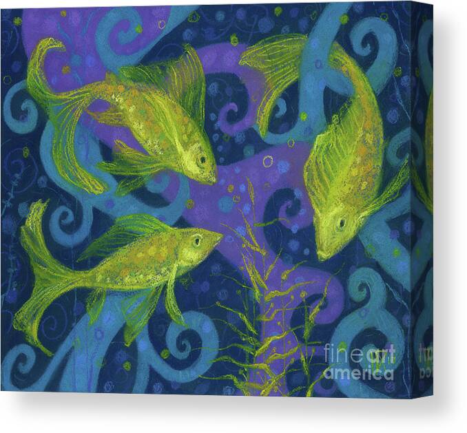 Pisces Canvas Print featuring the painting Golden Fish, Pastel Painting, Blue Purple Yellow by Julia Khoroshikh