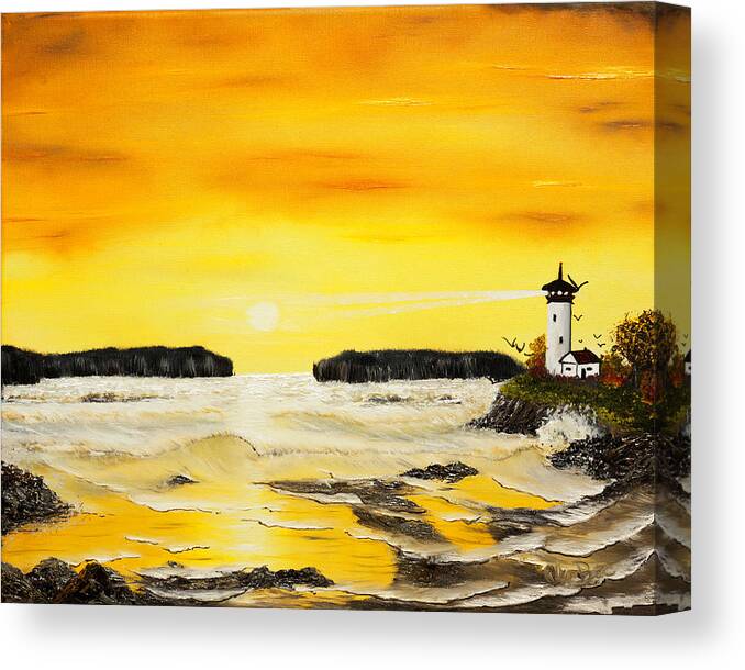 Sunset Canvas Print featuring the painting Golden Lighthouse Sunset by Claude Beaulac