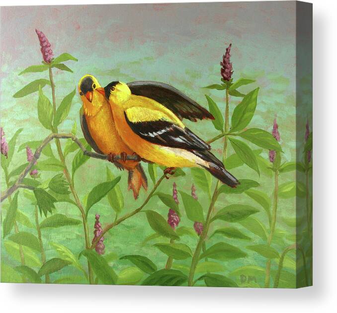 Yellow Canvas Print featuring the painting Goldfinch Love by Don Morgan
