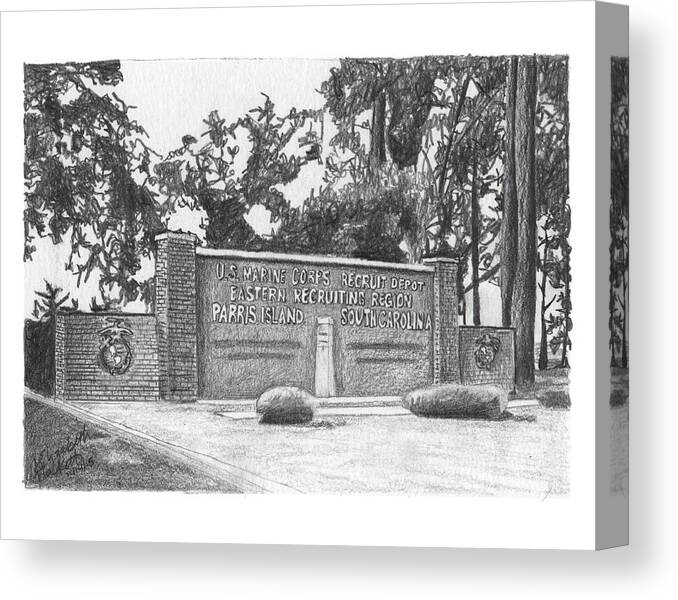 Graphite Canvas Print featuring the painting Graphite Parris Island Welcome by Betsy Hackett