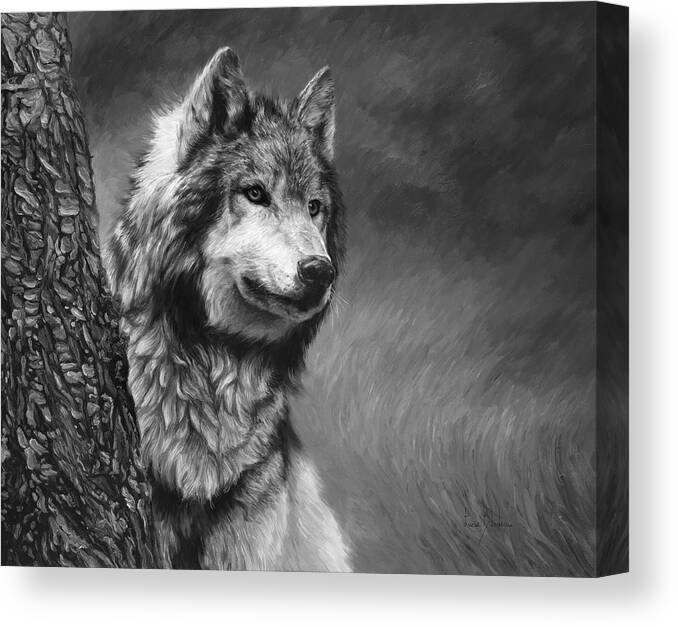 Wolf Canvas Print featuring the painting Gray Wolf - Black and White by Lucie Bilodeau