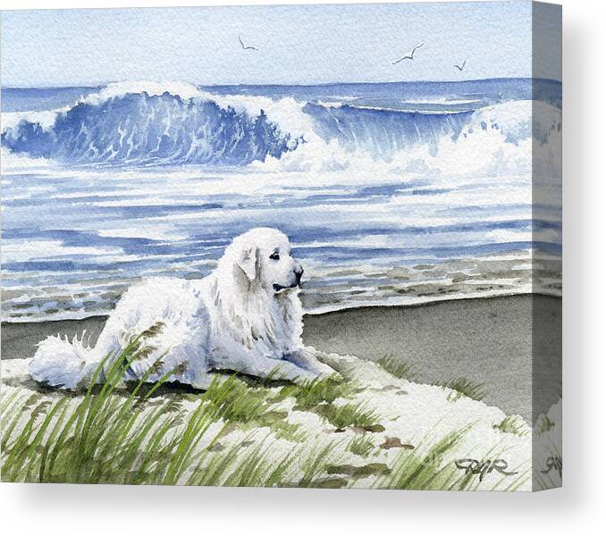 Great Canvas Print featuring the painting Great Pyrenees at the Beach by David Rogers