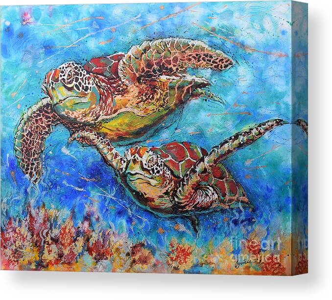 Marine Turtles Canvas Print featuring the painting Green Sea Turtles by Jyotika Shroff