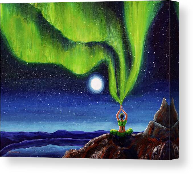 Meditation Canvas Print featuring the painting Green Tara Creating the Aurora Borealis by Laura Iverson