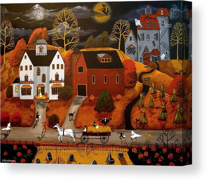 Folk Art Canvas Print featuring the painting Halloween Hay Ride - a folkartmama - folk art by Debbie Criswell