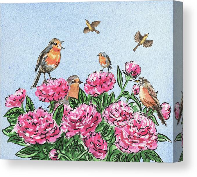 Birds Canvas Print featuring the painting Happy Birds On Flowers by Irina Sztukowski