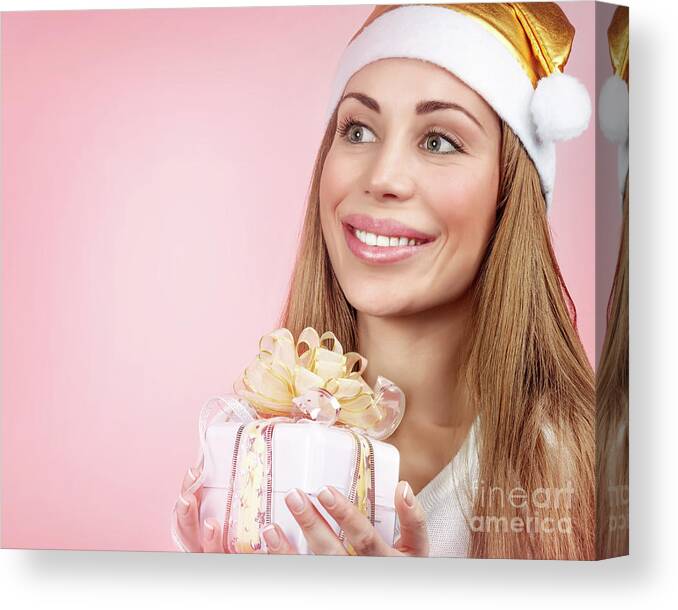 Adult Canvas Print featuring the photograph Happy girl with Christmas gift by Anna Om