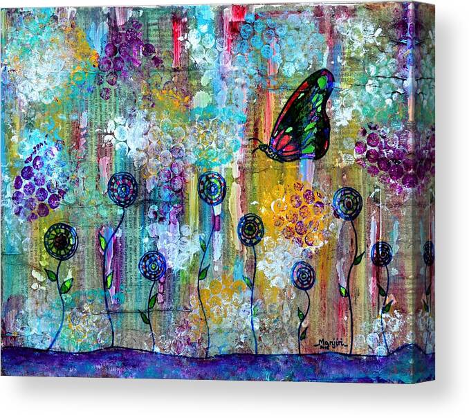 Butterfly Canvas Print featuring the painting Happy Times Abstract with butterfly by Manjiri Kanvinde