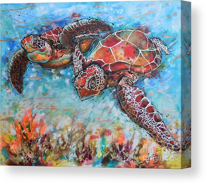 Marine Turtles Canvas Print featuring the painting Hawksbill Sea Turtles by Jyotika Shroff