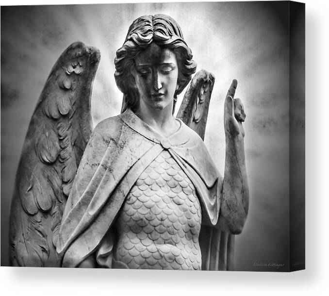 Heaven Waits Canvas Print featuring the photograph Heaven Waits Archangel Michael Black and White by Melissa Bittinger