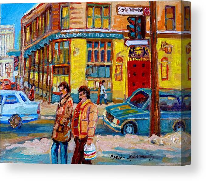 Downtown Montreal Canvas Print featuring the painting Henry Birks On St Catherine Street by Carole Spandau