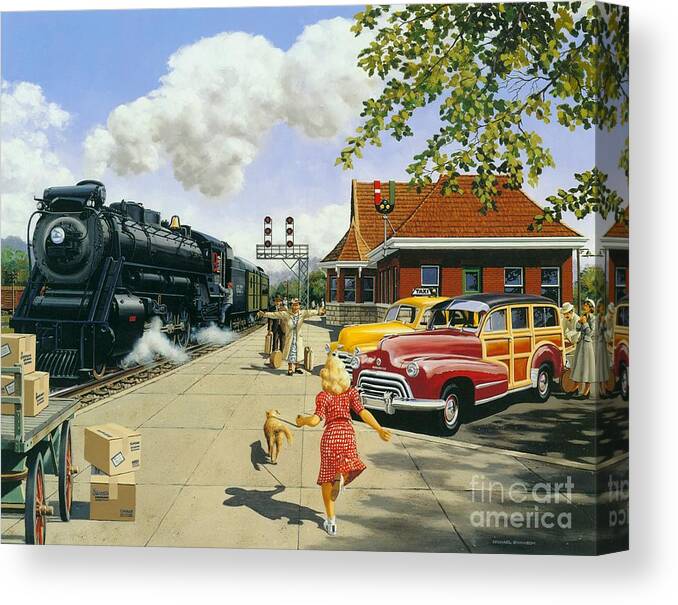 Train Station Canvas Print featuring the painting Here at Last by Michael Swanson