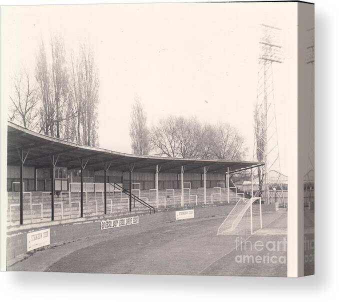  Canvas Print featuring the photograph Hereford United - Edgar Street - Meadow End 1 - BW - 1969 by Legendary Football Grounds
